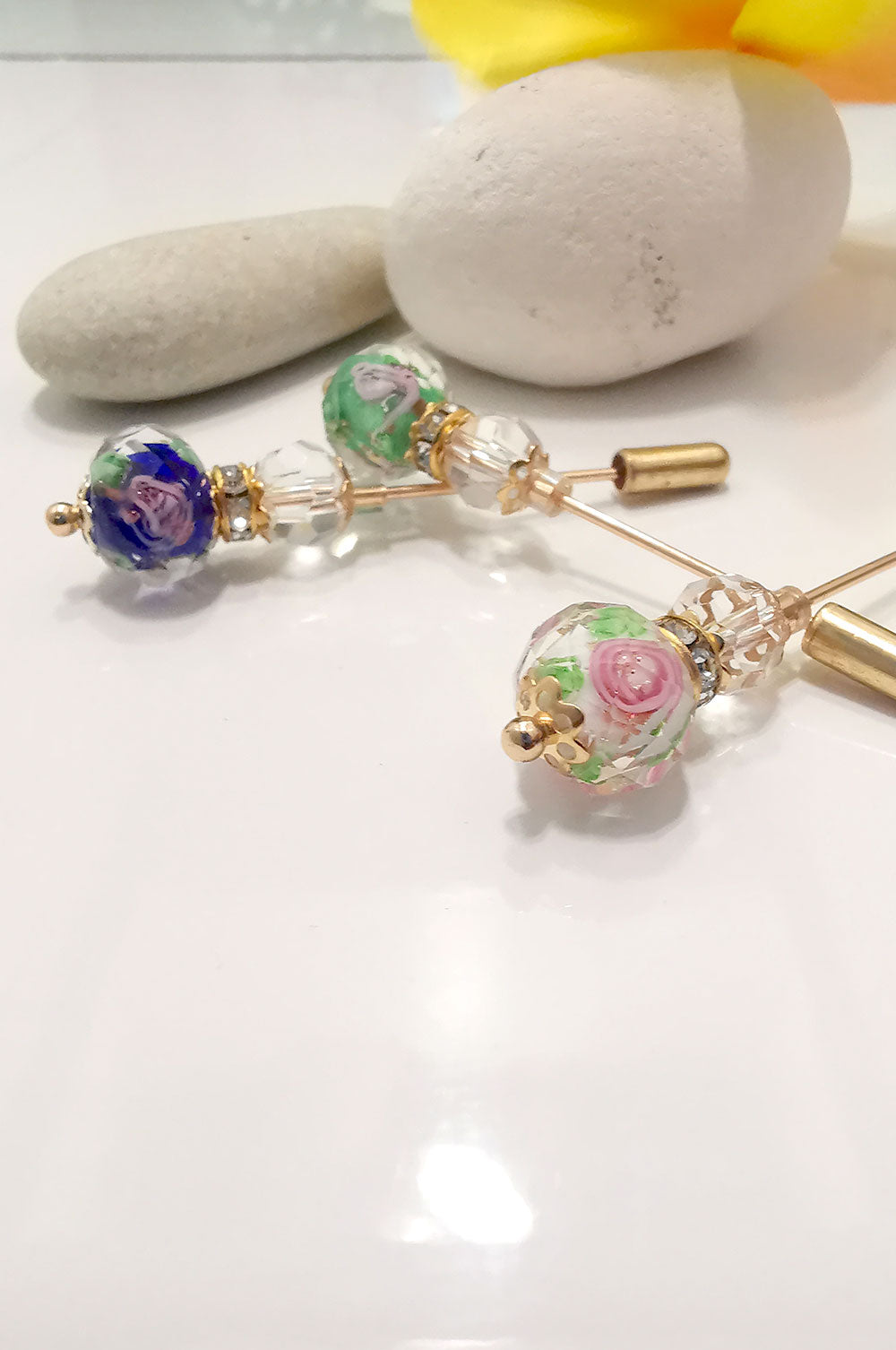 Handmade Floral Glass Hijab Pins - White, Parakeet Green, Royal Blue