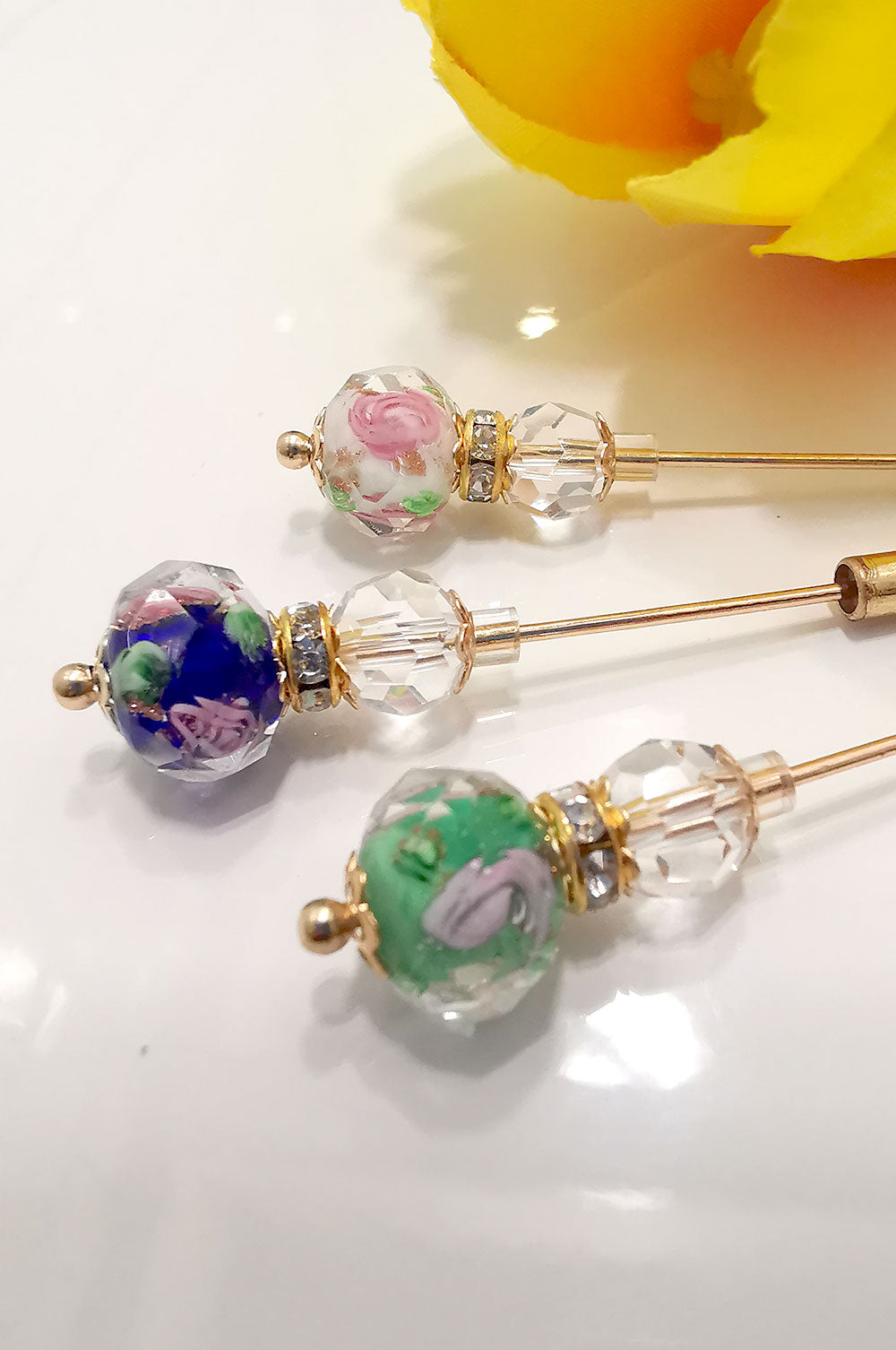 Handmade Floral Glass Hijab Pins - White, Parakeet Green, Royal Blue