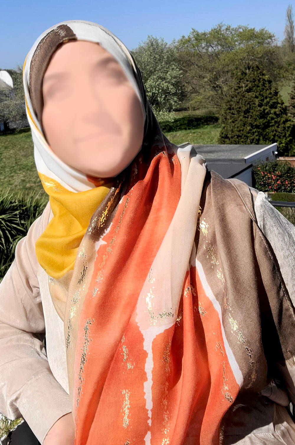 Elegant Block Coloured Hijab with Gold Foil Detailing - Camel and Rust