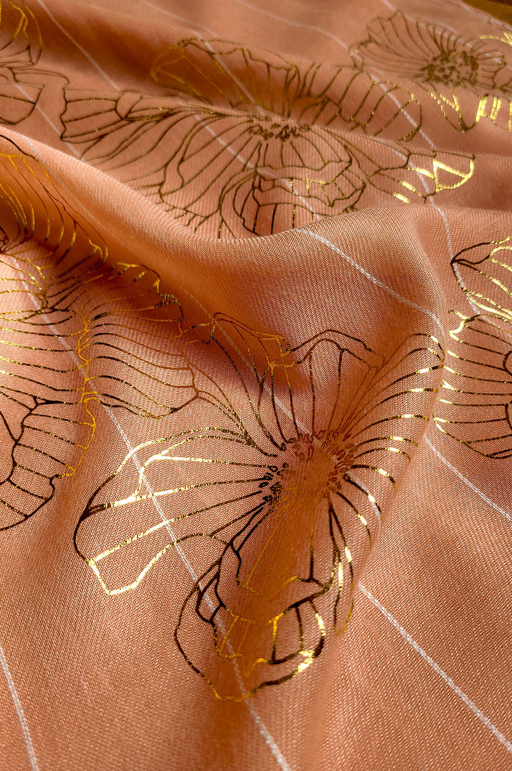 Gold Foil Large Floral Print Hijab - Peach