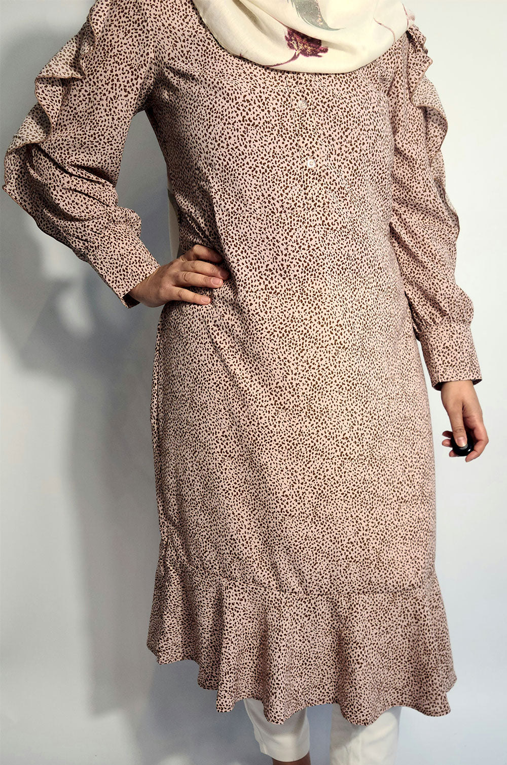 bee&Humble | Pink Mini Leopard Printed Frill Detail Printed Midi dress