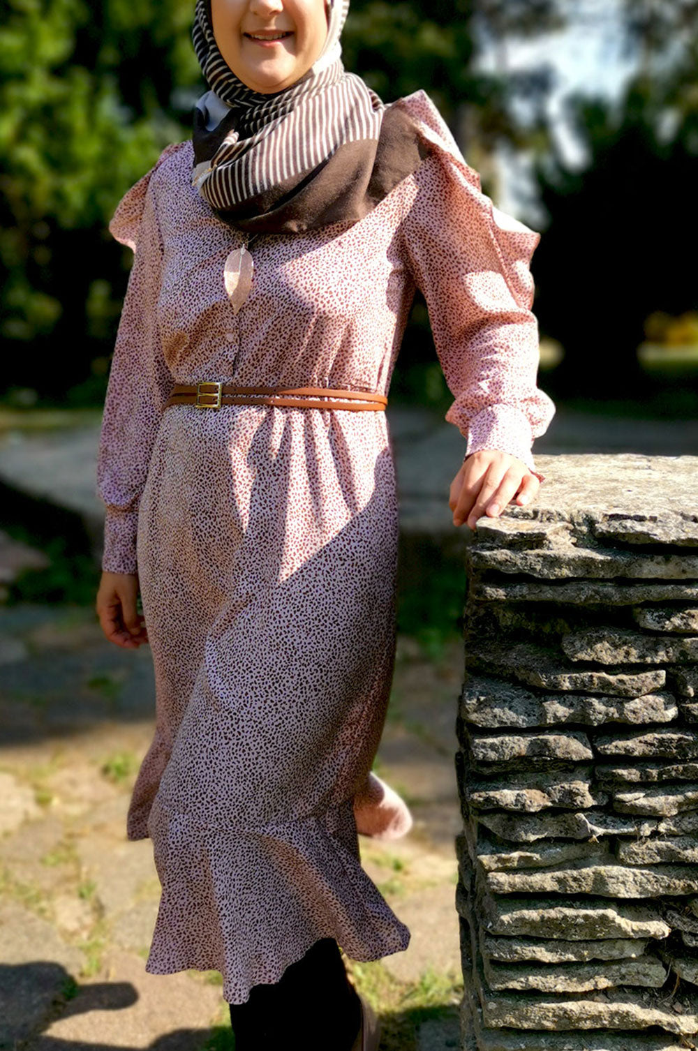bee&Humble | Pink Mini Leopard Printed Frill Detail Printed Midi dress