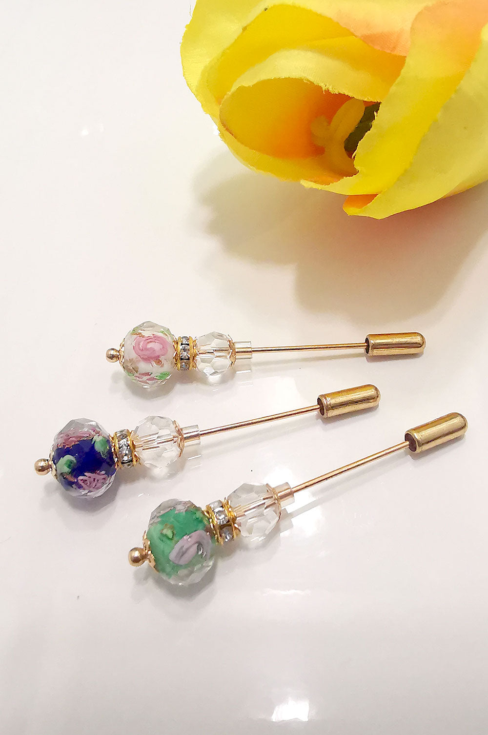 Handmade Floral Glass Hijab Pins - White, Parakeet Green, Royal Blue