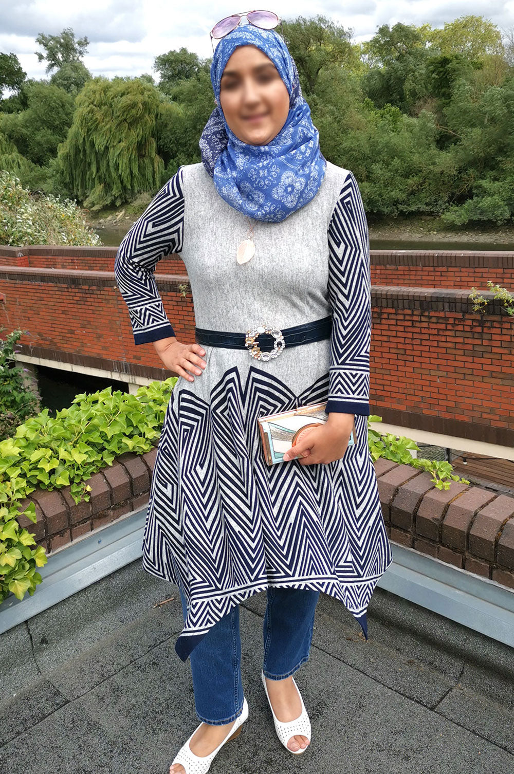 Navy and Grey Waterfall Hem Dress