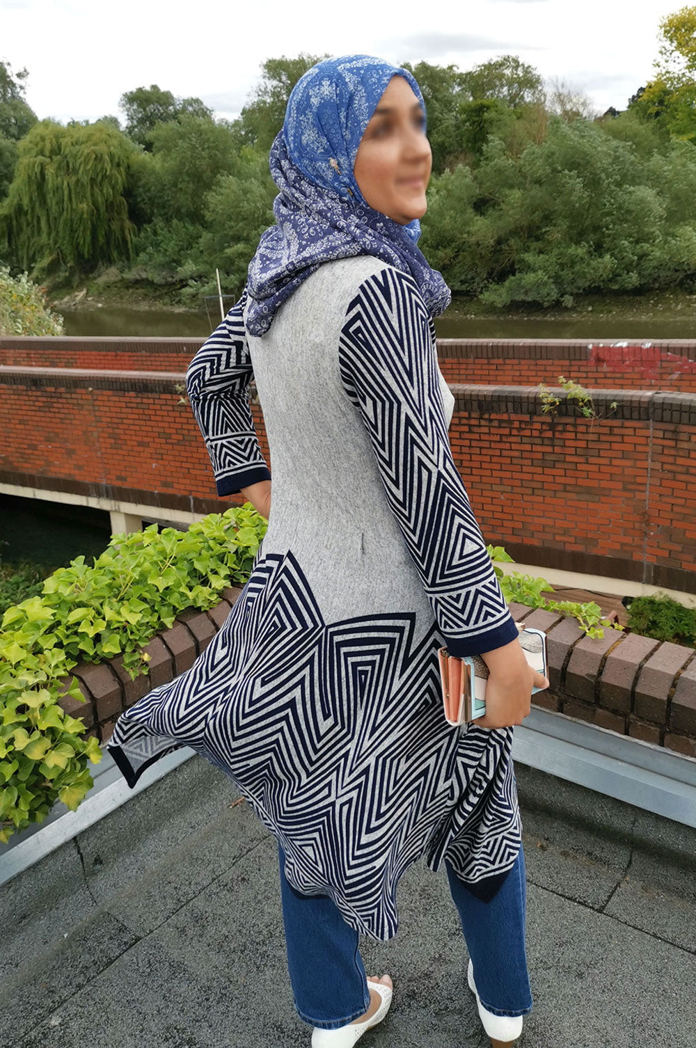Navy and Grey Waterfall Hem Dress