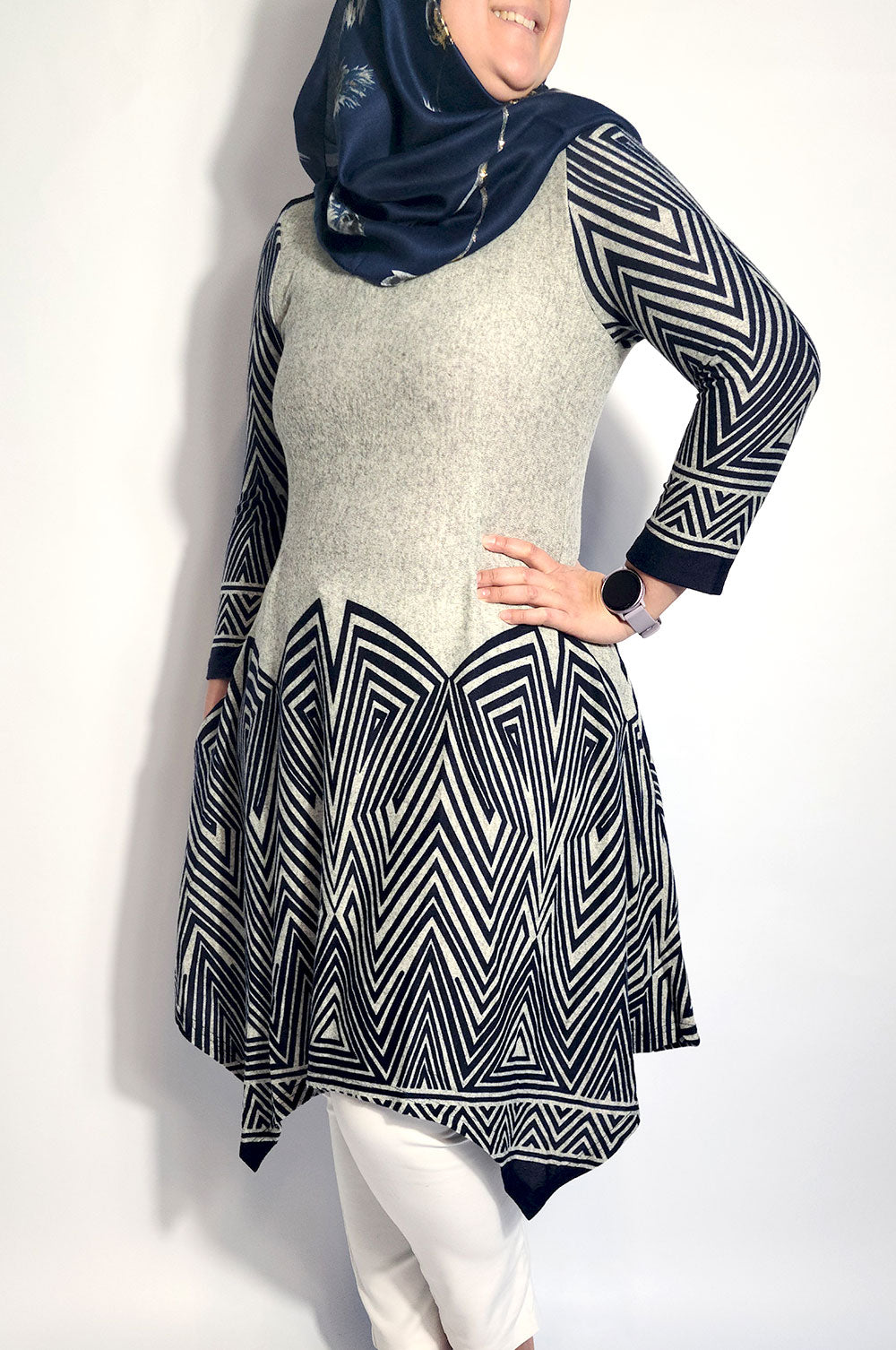 Navy and Grey Waterfall Hem Dress