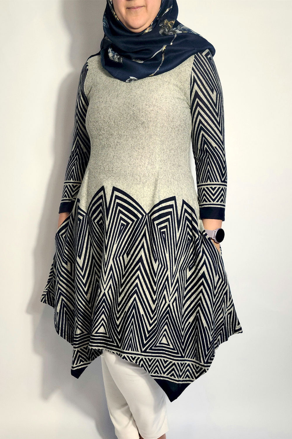 Navy and Grey Waterfall Hem Dress